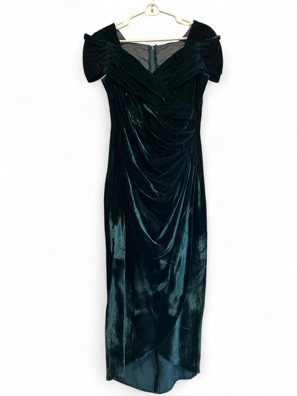 Women’s Vintage Dark Green Velvet Cap Sleeve Ruched Maxi Dress Size 9/10